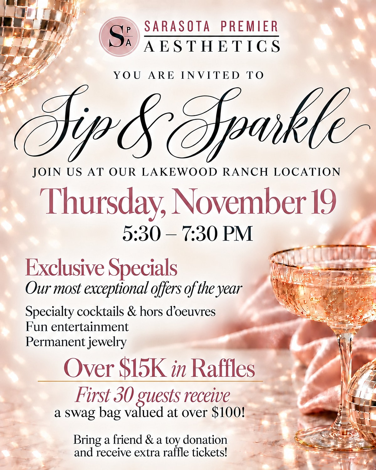 Sip and Sparkle event invitation with details
