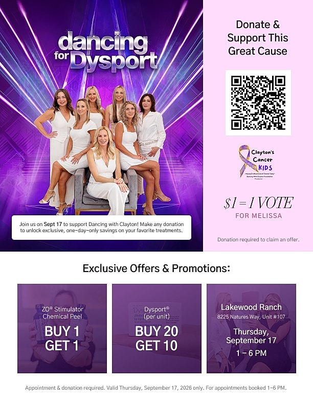 Dancing for Dysport fundraising event promotional flyer.